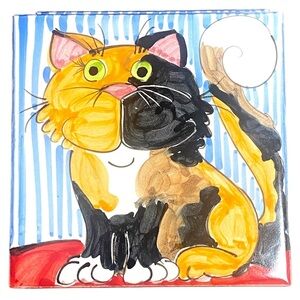 Art Tile Calico Cat Kitten Animal Trivet On  Florida Tile Decor Colorful Signed.